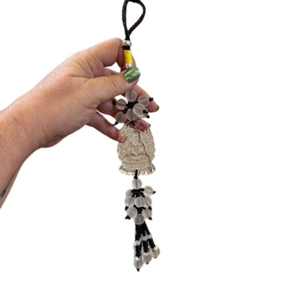 Crystal Buddha Car Hanging Ornament With Frosted Beads & Tassels - Picture 3 of 10